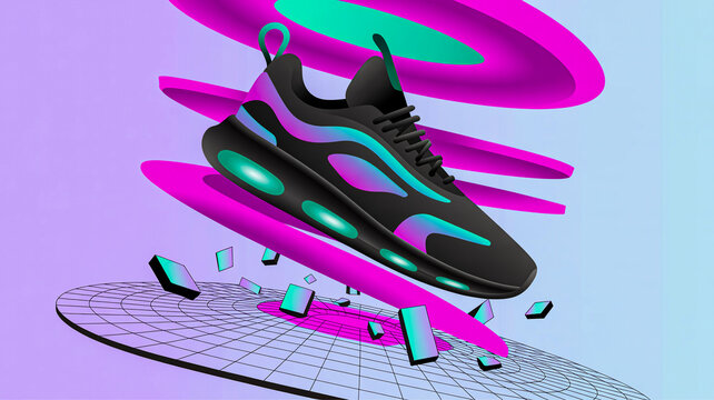 Stylish black sneaker floating above a retro gridscape - Powered by Adobe