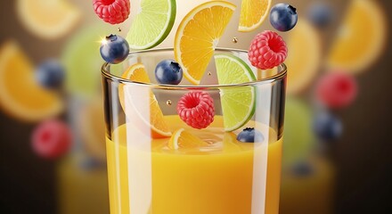 Refreshing orange juice with fresh fruits and ice cubes, perfect for a healthy and vibrant lifestyle