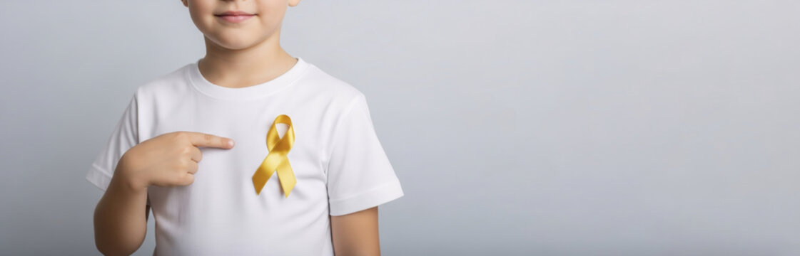 Caucasian boy stands with a yellow ribbon on a white t-shirt, pointing at it. Banner template for childhood cancer awareness month concept and support for disease patients with copy space - Powered by Adobe