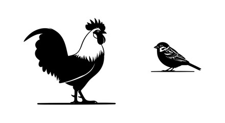 Fototapeta premium Rooster and sparrow silhouettes on white background