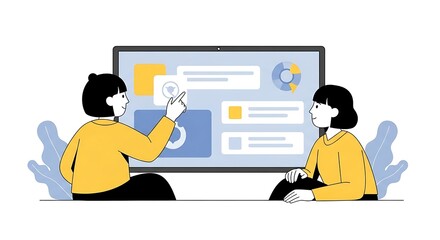 Digital presentation with two people discussing data on a large screen, illustrating teamwork and analysis