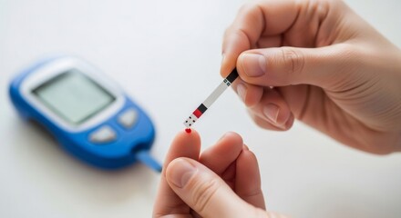A person performing a self-test for blood sugar level using a glucose meter strip. Banner template for diabetes management and regular health monitoring for control.
