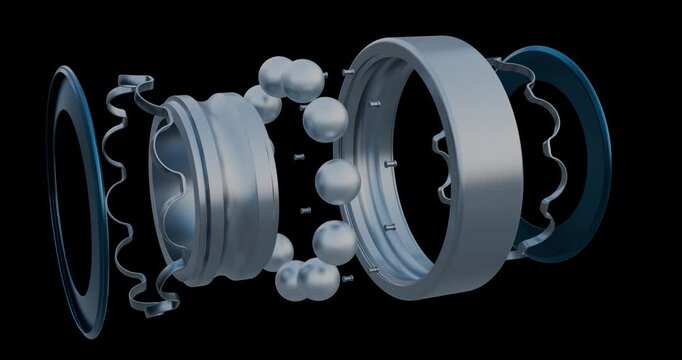 Shielded ball bearing animation on a plain black background, revealling detailed inner parts like steel balls, steel cage, steel inner raceway and outer raceway