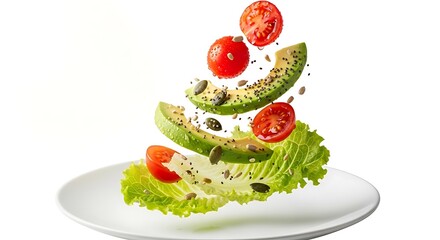 Healthy Salad Composition with Fresh Ingredients Floating Above a White Plate