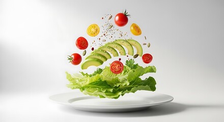 Vibrant fresh salad ingredients – crisp lettuce, avocado, cherry tomatoes, and seeds – gracefully levitating above a white plate, symbolizing healthy eating and natural food preparation