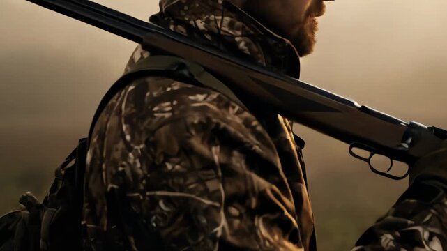 Experienced hunter man walking in foggy field with shotgun. Hunting season, outdoor sport, pursuit of wild game footage.