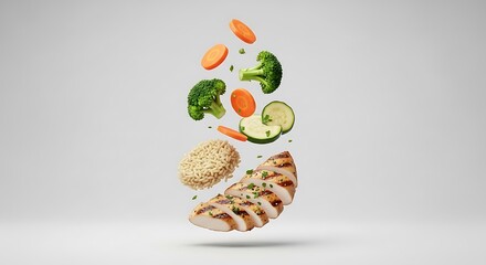 Healthy Chicken and Rice Meal with Fresh Vegetables Levitating in Mid-Air