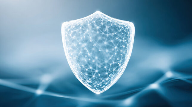 Cybersecurity concept with glowing digital shield and network connections symbolizing data protection and secure technology
