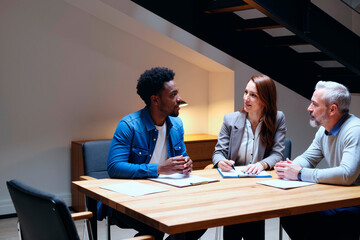 Young Black man sitting at table engaging in conversation with Caucasian middle aged woman and Caucasian senior man during business meeting, documents and pens on desk
