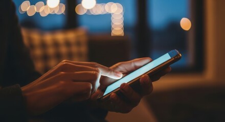 Closeup of a persons hands holding and using a smartphone at night, with blurred bokeh lights in the background