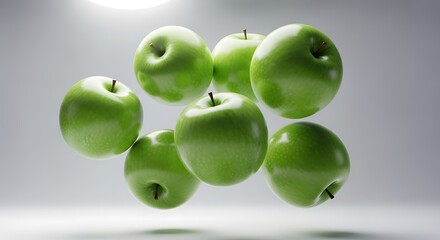 Vibrant green apples suspended in mid-air, a dynamic and refreshing display of natural health and vitality, embodying freshness and crisp flavor in a bright studio setting