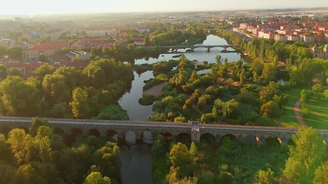 Aerial view of the historic cityscape of Salamanca at sunrise, Spain