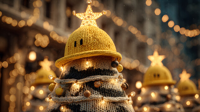 Christmas tree made of yellow construction helmets with glowing star and lights, celebrating Christmas in the construction industry, with a festive atmosphere and bokeh effect in a dark background