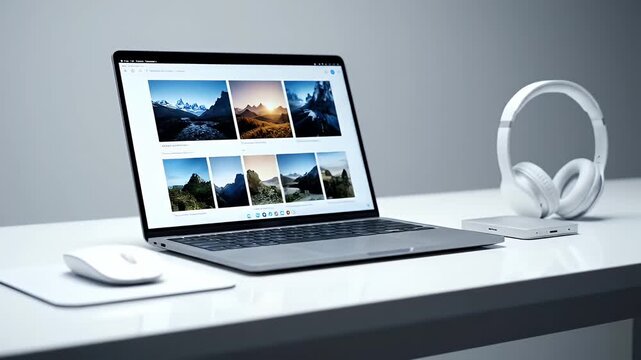 Laptop Displaying Landscape Images on White Desk with Mouse Headphones and Stationery against a Neutral Background in Minimalist Style Photography