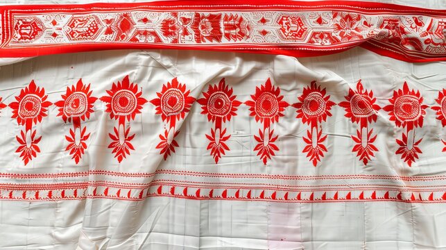 Cultural essence of assamese gamosa  handwoven cotton textile with red and white patterns
