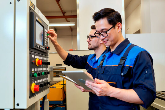 Two young adult Caucasian men operating industrial control panel, one adjusting machine settings while other holding tablet and monitoring data, both wearing protective work uniforms