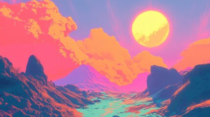 Colorful landscape featuring mountains clouds and a bright yellow sun