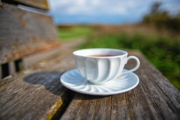 Elegant cup of tea on a bench