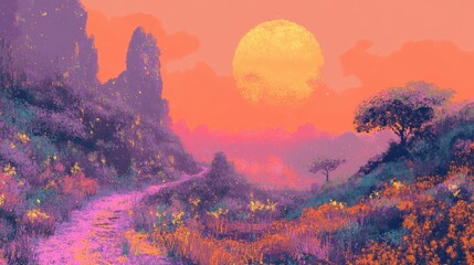 Vibrant landscape with winding path and a radiant sun