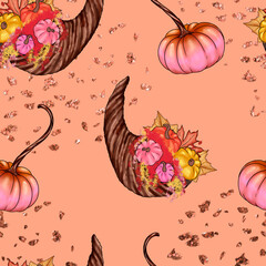 Autumn cornucopia overflowing with pink and yellow pumpkins and leaves fall harvest