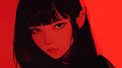 Anime styled woman with dark hair and red lighting