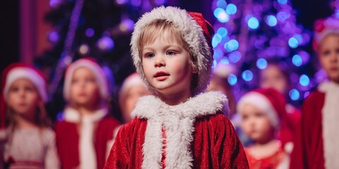 Child in red Santa costume with white fur trim sings on stage amid purple lights and Christmas tree backdrop in school play. Festive holiday performance, joyful choral celebration vibe.