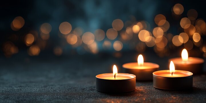 Three lit tealight candles in metal tins on dark wooden surface against warm golden bokeh light background. Intimate cozy holiday ambiance, serene flickering glow vibe.