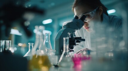 Female Scientist Using Microscope in Modern Laboratory with Scientific Equipment