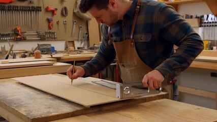 Carpenter drawing precise lines on a piece of wood, demonstrating craftsmanship and precision Stock Video