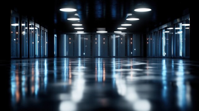 Server data center with rack network technology, digital storage and security under blue lighting.