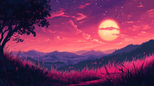 Pink landscape with a radiant moon and starlit sky
