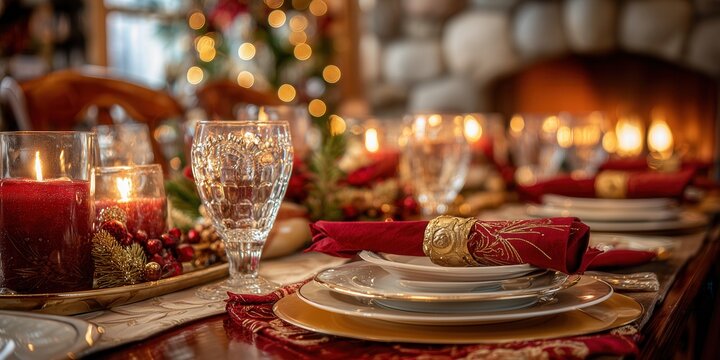 Christmas dinner table setting in red and gold tones with candles, fireplace in background, elegant festive atmosphere. - Powered by Adobe