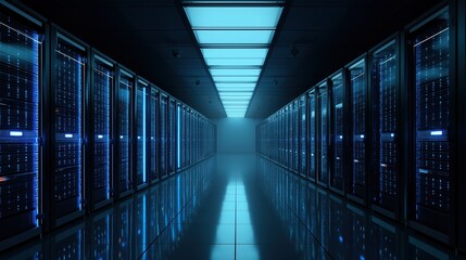 Server data center with rack network technology, digital storage and security under blue lighting.