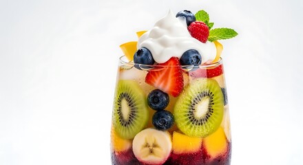 Refreshing Fruit Salad Delight A Vibrant Mix of Fresh Fruits and Cream on a White Background