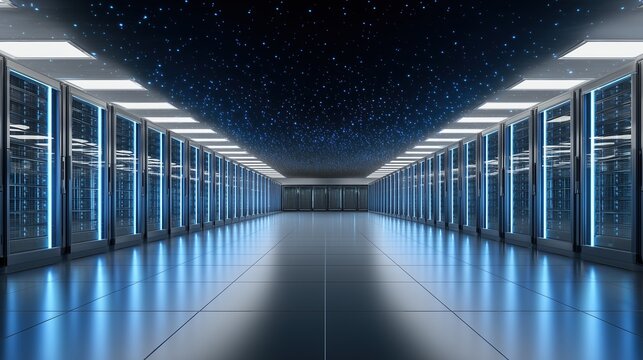 Server data center with rack network technology, digital storage and security under blue lighting.