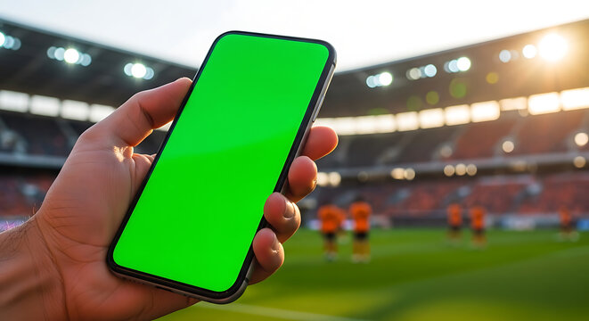 Man holding a smartphone with a green screen in front of a blurry soccer stadium during a match