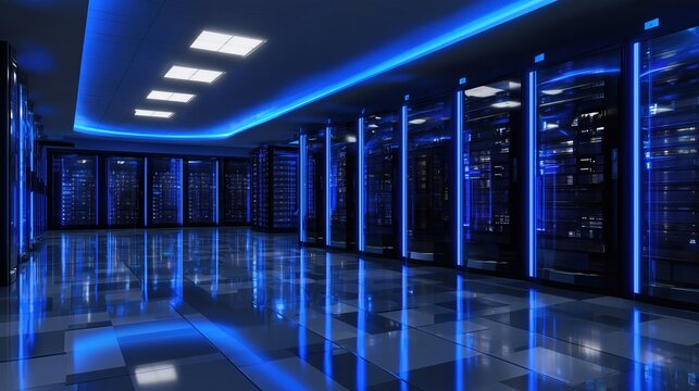 Server data center with rack network technology, digital storage and security under blue lighting.