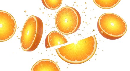 A vibrant and dynamic explosion of fresh, juicy orange slices and citrus splashes levitating against a clean white background