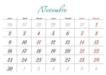 Minimalist French 2026 calendar with months and dates, clean typography design, white background