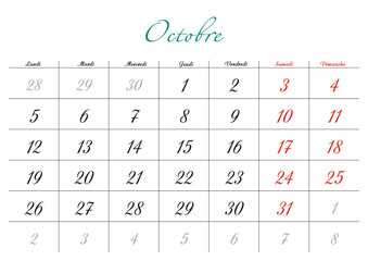 Minimalist French 2026 calendar with months and dates, clean typography design, white background