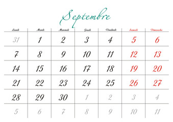 Minimalist French 2026 calendar with months and dates, clean typography design, white background