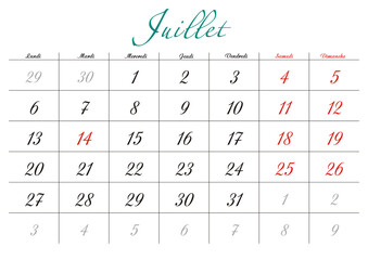 Minimalist French 2026 calendar with months and dates, clean typography design, white background