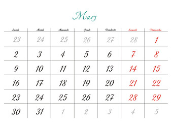 Minimalist French 2026 calendar with months and dates, clean typography design, white background