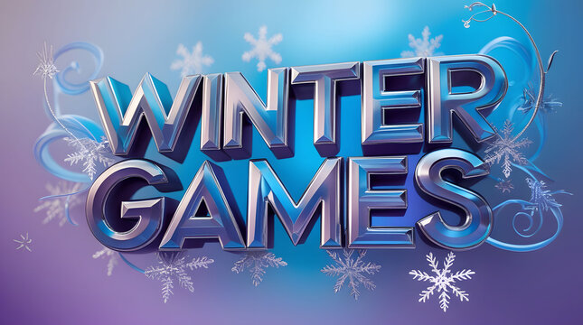 Shiny metallic winter games text surrounded by snowflakes and ice accents