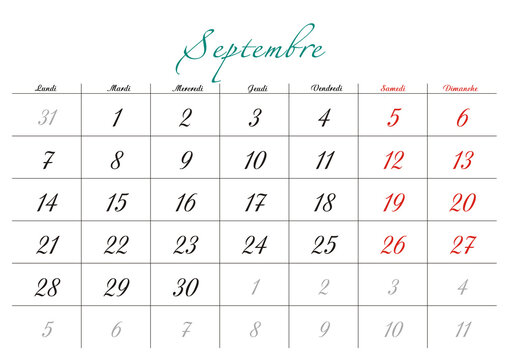 Minimalist French 2026 calendar with months and dates, clean typography design, white background