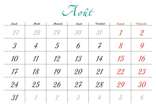 Minimalist French 2026 calendar with months and dates, clean typography design, white background