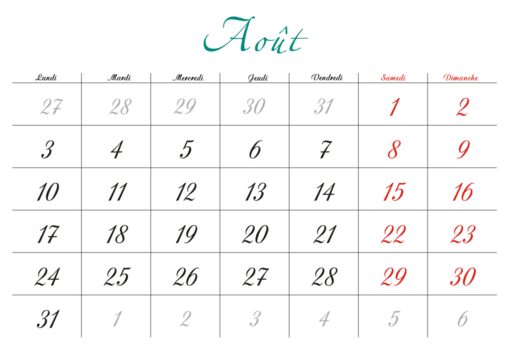 Minimalist French 2026 calendar with months and dates, clean typography design, white background