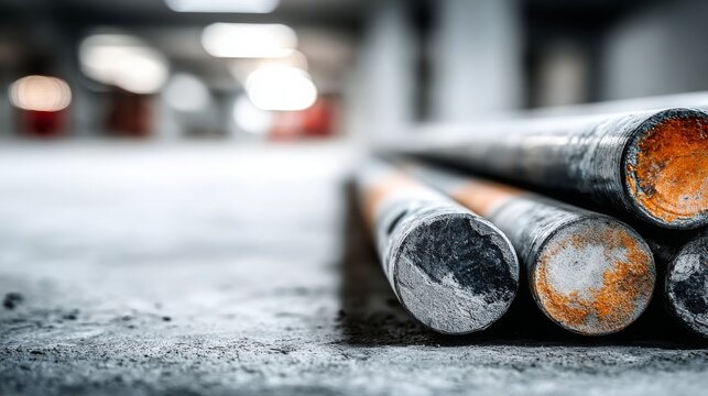 Horizontal plastic plumbing pipes embedded in concrete floor, installation phase of utility infrastructure during construction