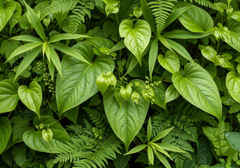 Dark green plants growing in a lush foliage background of tropical leaves like anthurium, epiphytes, or ferns, forming a beautiful green plant wall design in a cloud forest