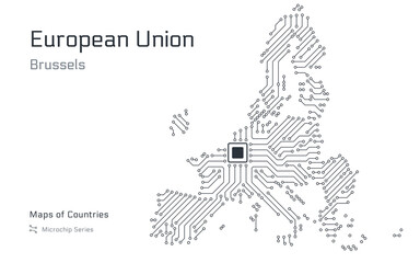European Union map in microchip pattern with Brussels as the central chip